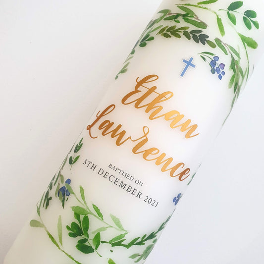 Personalised Baptism candle with leafy wreath and gold lettering